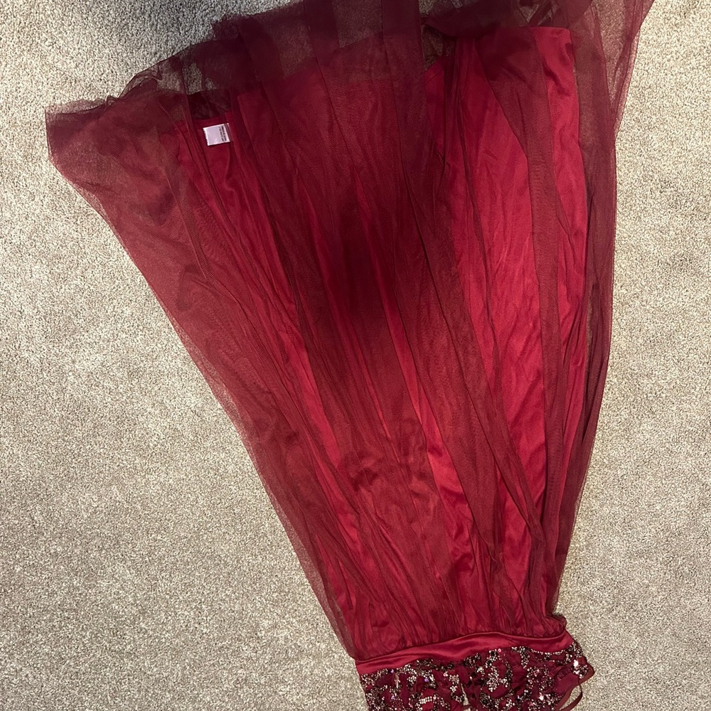 Burgundy Tulle Evening Gown with Embellished Waist